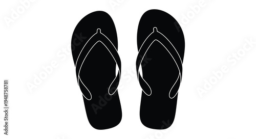 A pair of black flip flops are displayed against a white background creating a striking silhouette