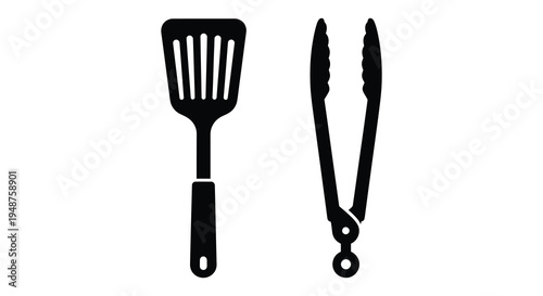 Black kitchen utensils a spatula and tongs presented as a striking graphic silhouette high quality professional
