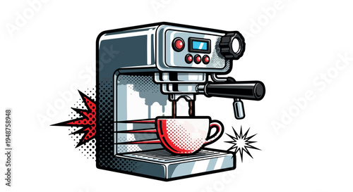 Retro Pop Art Style Espresso Coffee Machine Making Drink Vector Illustration