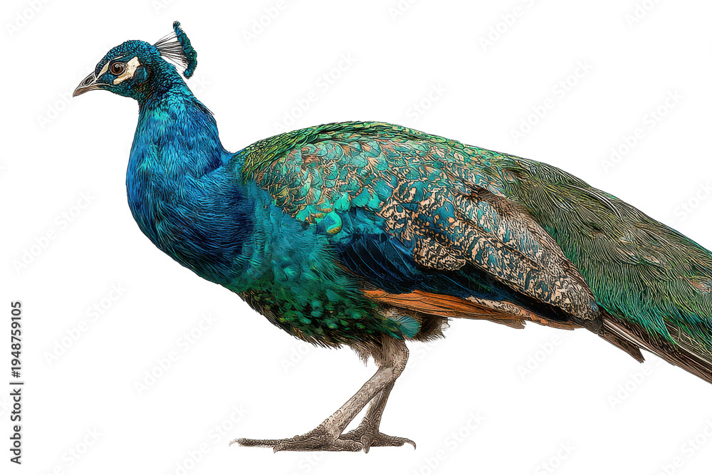 Obraz premium Peacock standing on a white background showing its colorful feathers and unique features during the day
