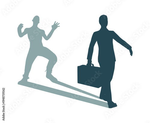 Difference between energy and mood level. Businessman in two versions tired and active. Ready to work and burnout comparison. Businessman walking with briefcase and casting shadow of zombie.