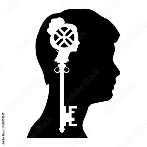 Man and woman relationship problems and conflicts in family and society. A female head shaped like a key inside male mind. Gender psychology concept. Romantic couple silhouette.