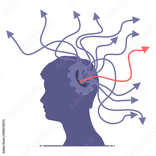 Thinking process. Arrow lines from human head. Business solution, possible idea variant, various flexible. Marked right solving way.