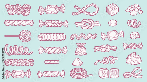 A detailed illustration showcasing a diverse collection of candies and sweets in various shapes and forms, presented in a playful and artistic style.