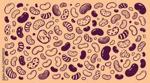 A diverse collection of hand-drawn beans in various shapes, sizes, and patterns, arranged in a scattered pattern on a textured background.