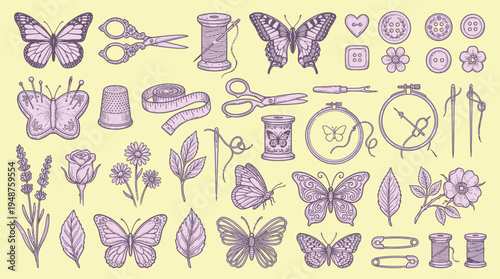 A charming collection of vintage-style illustrations featuring butterflies, sewing notions, and floral elements in a delicate purple hue on a pale yellow background.