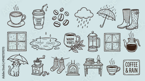 A charming collection of hand-drawn illustrations depicting cozy rainy day activities and coffee-themed elements, perfect for seasonal decor.