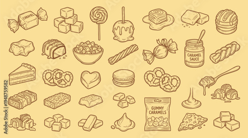 A delightful collection of hand-drawn confectionery and sweet treats, showcasing a variety of candies, pastries, and desserts.