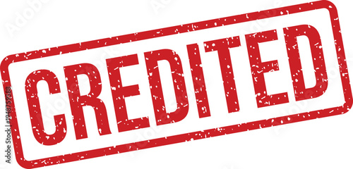A red rubber stamp with a rough grunge texture displaying the word CREDITED against a pure white setting