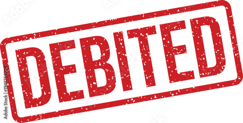 A red rubber stamp with a distressed grunge texture clearly showing the word DEBITED on a white background