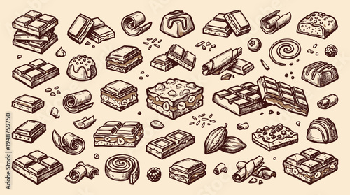 A detailed hand-drawn illustration showcasing a diverse assortment of chocolate bars, candies, and cocoa beans, presented in a vintage sketch style.