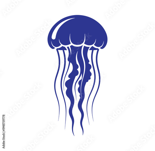 blue jellyfish illustration with long tentacles swimming alone in the ocean