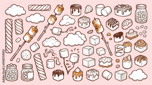 A charming collection of hand-drawn marshmallows, cakes, and sweet treats, perfect for a delightful dessert theme.
