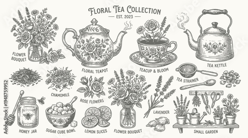 A charming hand-drawn collection of floral tea elements, including teapots, teacups, kettles, flowers, herbs, and gardening tools, evoking a sense of vintage elegance and botanical beauty.