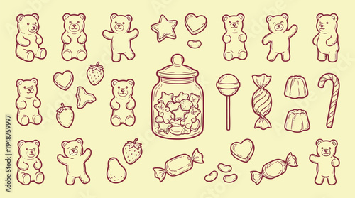 A delightful collection of hand-drawn gummy candies and sweets, featuring gummy bears, lollipops, candy canes, and jelly desserts.