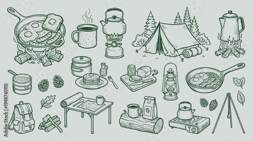 A charming collection of hand-drawn illustrations depicting various elements of camping and outdoor cooking, including a tent, campfire, cooking utensils, and food items.