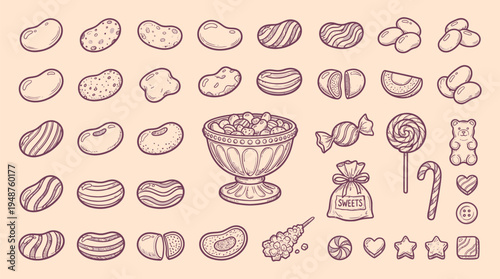A charming hand-drawn illustration featuring a delightful assortment of candies and sweets, including jelly beans, lollipops, gummy bears, and rock candy.