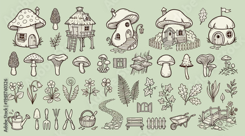 A whimsical collection of hand-drawn illustrations featuring mushroom houses, various fungi, garden tools, plants, and natural elements, evoking a fantasy or fairy tale theme.