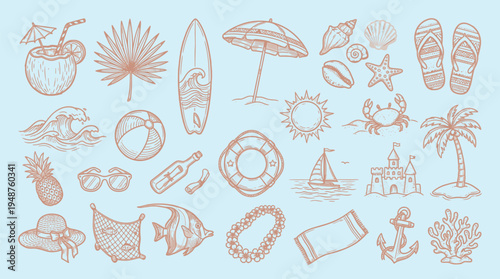 A charming collection of hand-drawn summer beach vacation icons and elements, perfect for design projects.