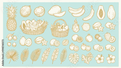 A delightful collection of tropical fruits and palm leaves, rendered in a charming vintage sketch style on a light blue background.