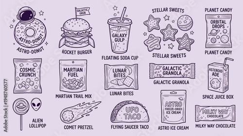 A whimsical collection of space-themed food and drink items, including donuts, burgers, candy, and ice cream, all rendered in a charming hand-drawn style.