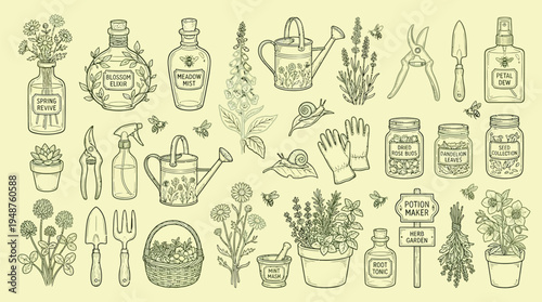 A charming collection of hand-drawn illustrations depicting gardening tools, plants, potions, and other botanical elements, evoking a whimsical and rustic aesthetic.