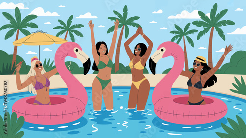 Four women in bikinis having fun on pink flamingo pool floats in a tropical setting with palm trees and a blue sky