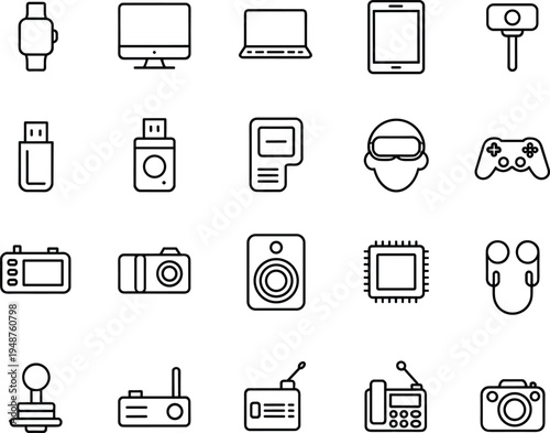 Electronic gadgets line icons set, smartwatch laptop smartphone camera gaming controller technology devices vector illustration collection