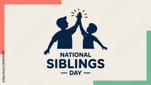 National siblings day illustration with silhouettes of two children high fiving on beige background with colorful accents
