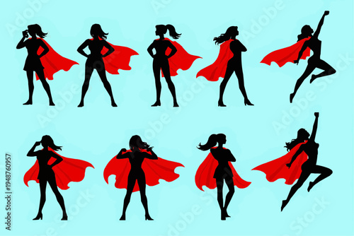 Female Superhero Silhouette Set with Red Cape