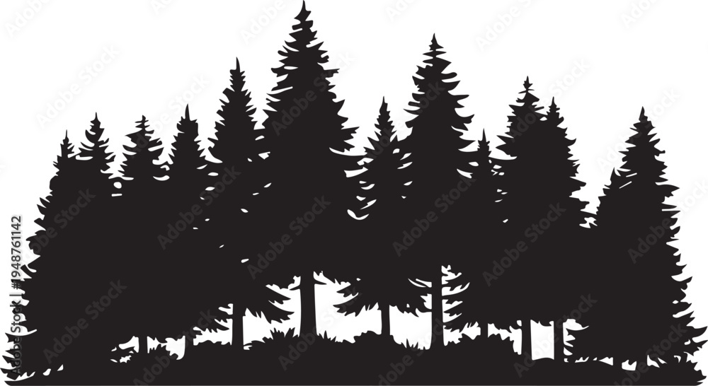 Fototapeta premium Black Pine Tree Forest Silhouette Isolated on White Background