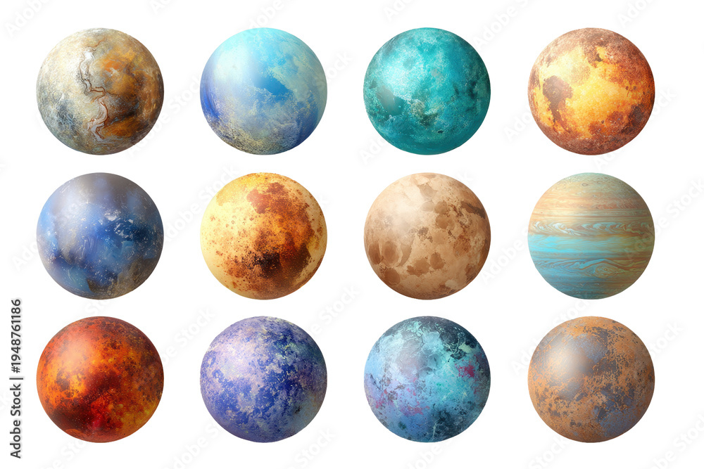 Obraz premium Different colored planets arranged in a grid showcasing various textures and patterns in space setting