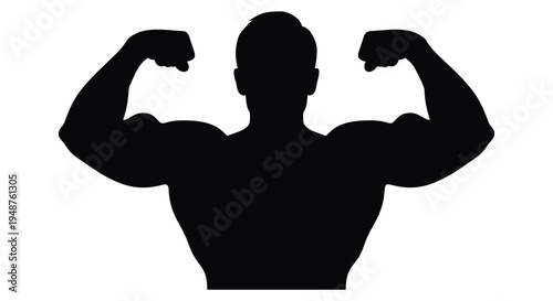 A muscular man displays his physique with flexed biceps presented as a striking silhouette high quality