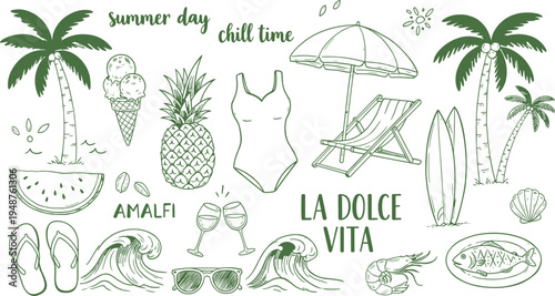Green Line Summer Icons with Palm Trees, Waves, Umbrellas, Fruits, Drinks, and Amalfi Coast Vibes