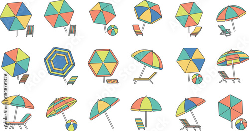 Colorful Beach Umbrellas, Lounge Chairs, and Beach Balls in Summer Vacation Grid for Coastal Funv