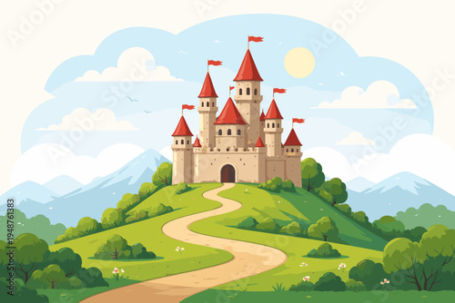Flat vector illustration of a medieval fairy tale castle with red roofs and flags on a lush green hill with a winding path leading to the gate under a sunny blue sky with clouds and mountain peaks.