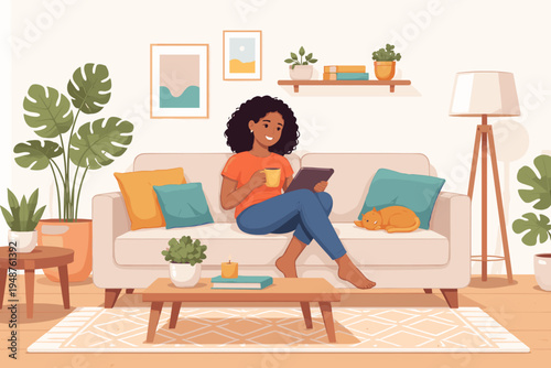 Young Black woman relaxing on a comfortable sofa in a cozy living room, holding a yellow mug and using a digital tablet while her ginger cat sleeps. Modern flat vector illustration of home life.