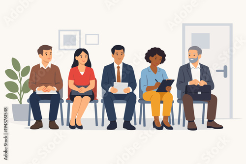 Diverse group of job seekers sitting in a waiting room, men and women in professional attire holding resumes and clipboards, recruitment and employment concept in flat vector illustration style.