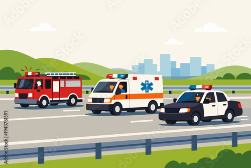 Emergency rescue vehicles including a red fire truck, white ambulance, and police car driving fast on a highway with a city skyline and green hills background. Flat vector illustration design.