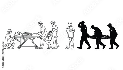 Battlefield Medic Silhouette Assisting Injured Warrior with Stretcher