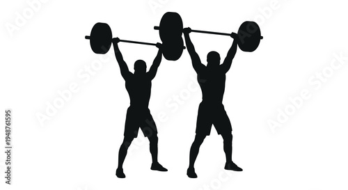 Two athletes powerfully lifting weights overhead in a striking black silhouette high quality professional detailed modern
