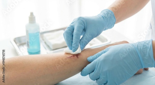 Healthcare professional cleaning surgical wound with gauze