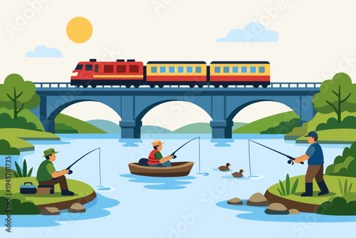 Scenic flat vector illustration of a red passenger train crossing a blue arched bridge over a calm river with fishermen angling from the shore and a boat, featuring ducks, trees, and a bright sun.