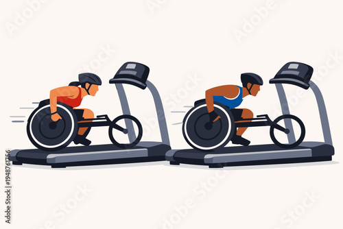 Flat vector illustration of diverse wheelchair athletes, a man and a woman, competing in a race on treadmills, representing inclusive sports, para-athletics, fitness training, and determination.