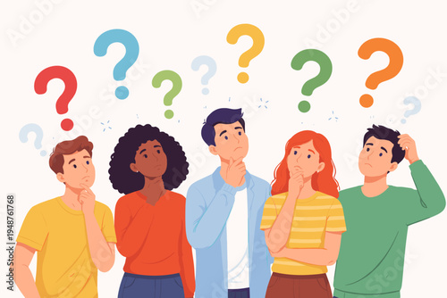 Diverse group of people thinking and looking up at colorful question marks, representing curiosity, confusion, problem-solving, decision-making, and searching for answers or creative ideas.
