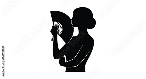A graceful woman holds a decorative fan to her face in a striking silhouette high quality