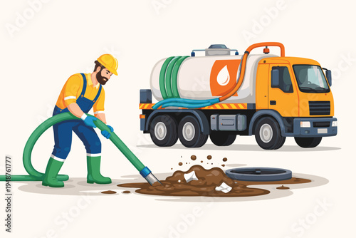 Worker in Protective Gear Using a Large Vacuum Hose to Clean Sewage and Feces from a Manhole with a Professional Septic Tank Truck in the Background, Flat Vector Illustration for Sanitation Services