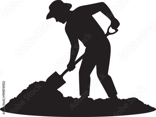 Silhouette of a Man Digging with a Shovel Isolated on White Background (2)