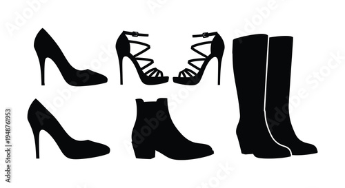 A collection of women s footwear including heels sandals and boots depicted as a silhouette high quality