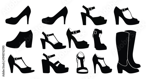 A collection of various high heeled shoes and boots displayed in a stark black silhouette high quality